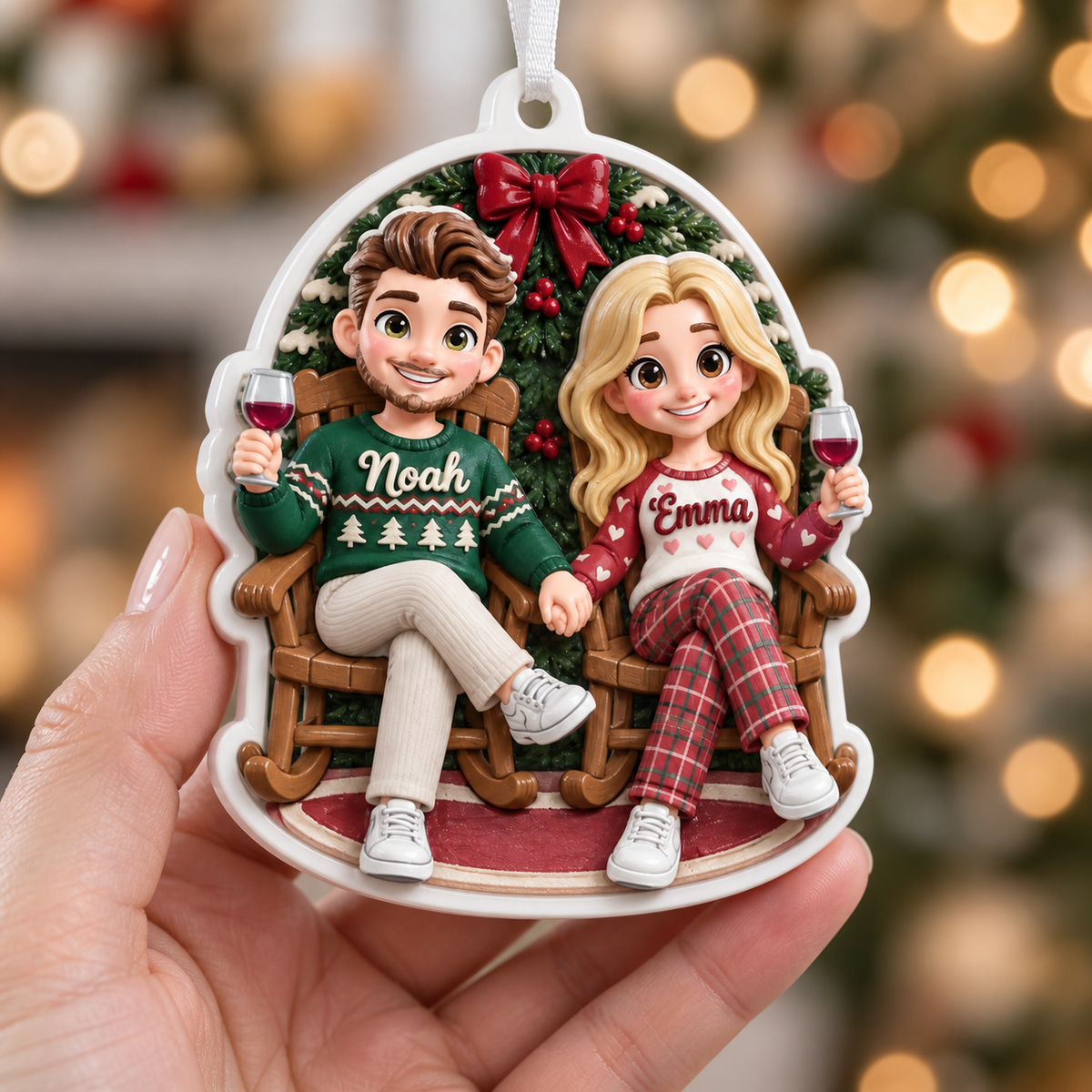 Couple in Rocking Chairs Christmas Tree Hanging Decor with Wine and Wreath - 3D Relief Ornament