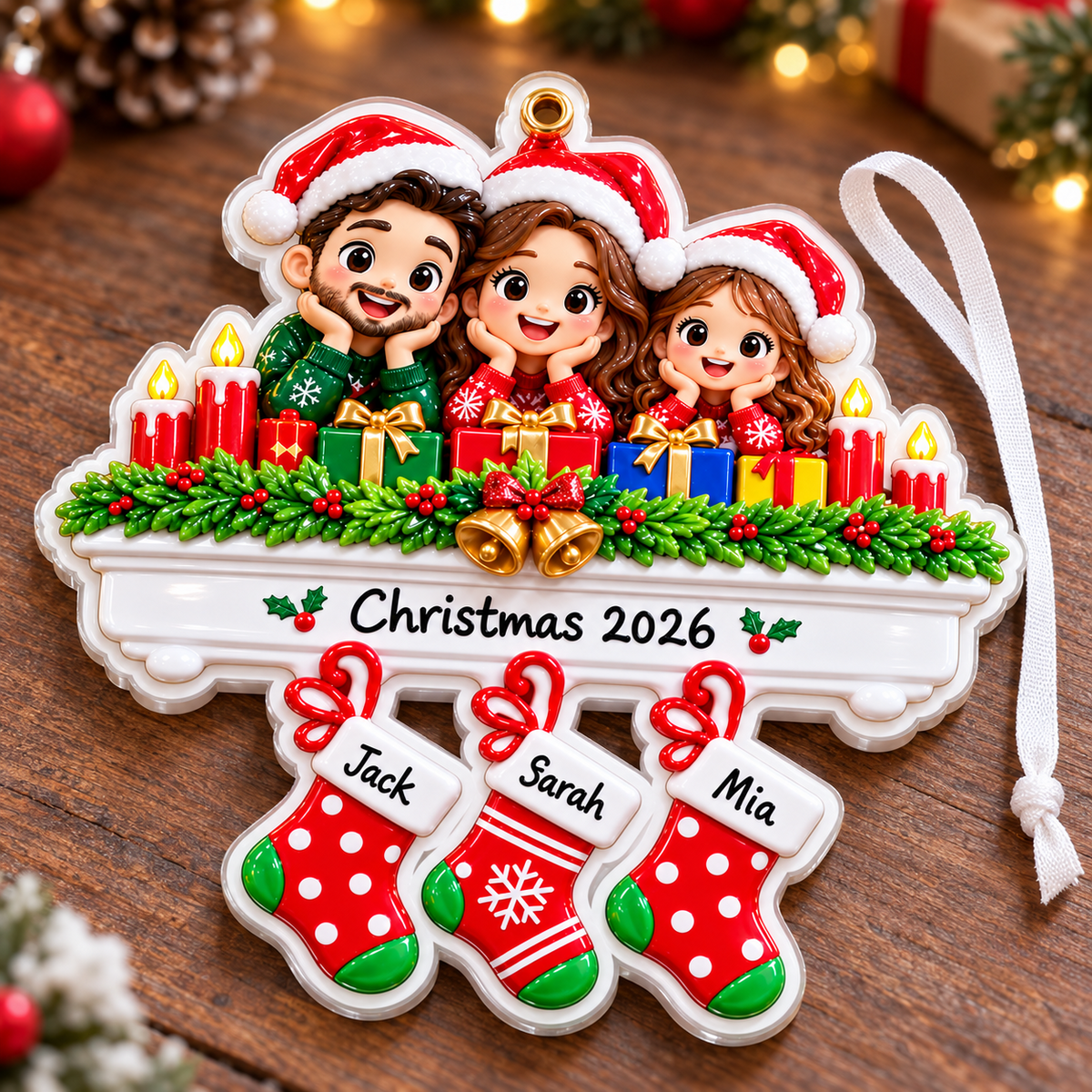 Family of 3 Christmas Fireplace Stockings Holiday Tree Decoration - 3D Relief Ornament