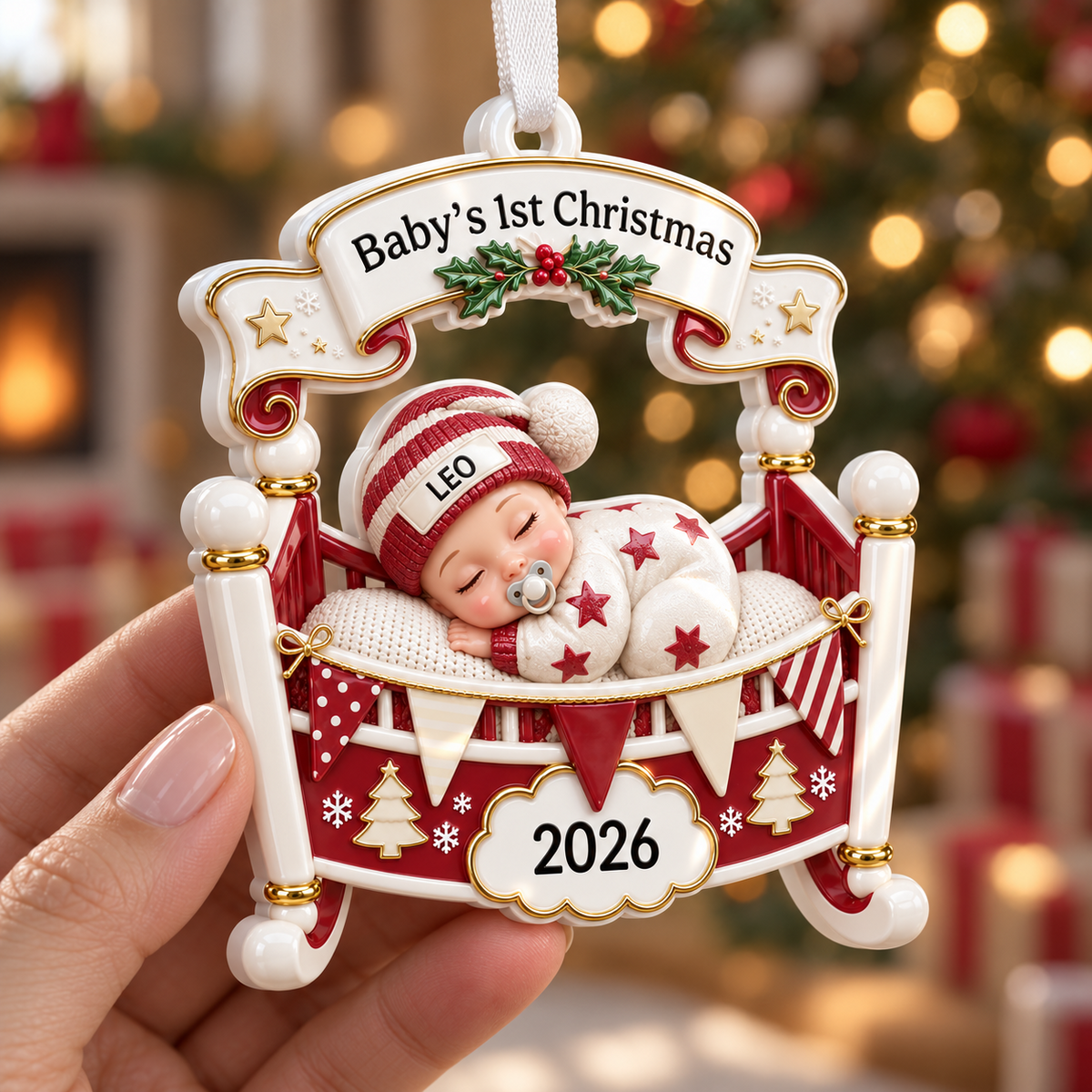 Baby's First Christmas Cradle Hanging Keepsake, Red and White Rocking Bassinet - 3D Relief Ornament