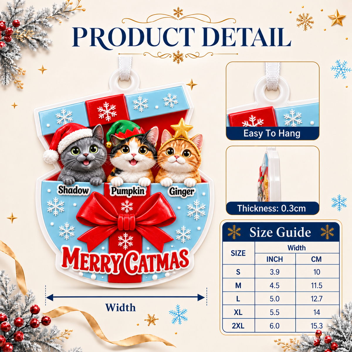 Holiday Cat Trio in Present Box Christmas Tree Pendant, Snowflake Bow Keepsake - 3D Relief Ornament