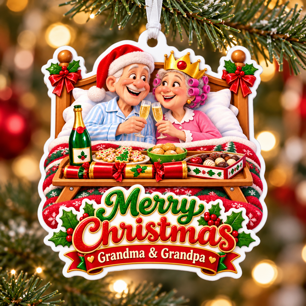 Grandma And Grandpa Breakfast In Bed Merry Christmas Holiday Keepsake - 3D Relief Ornament