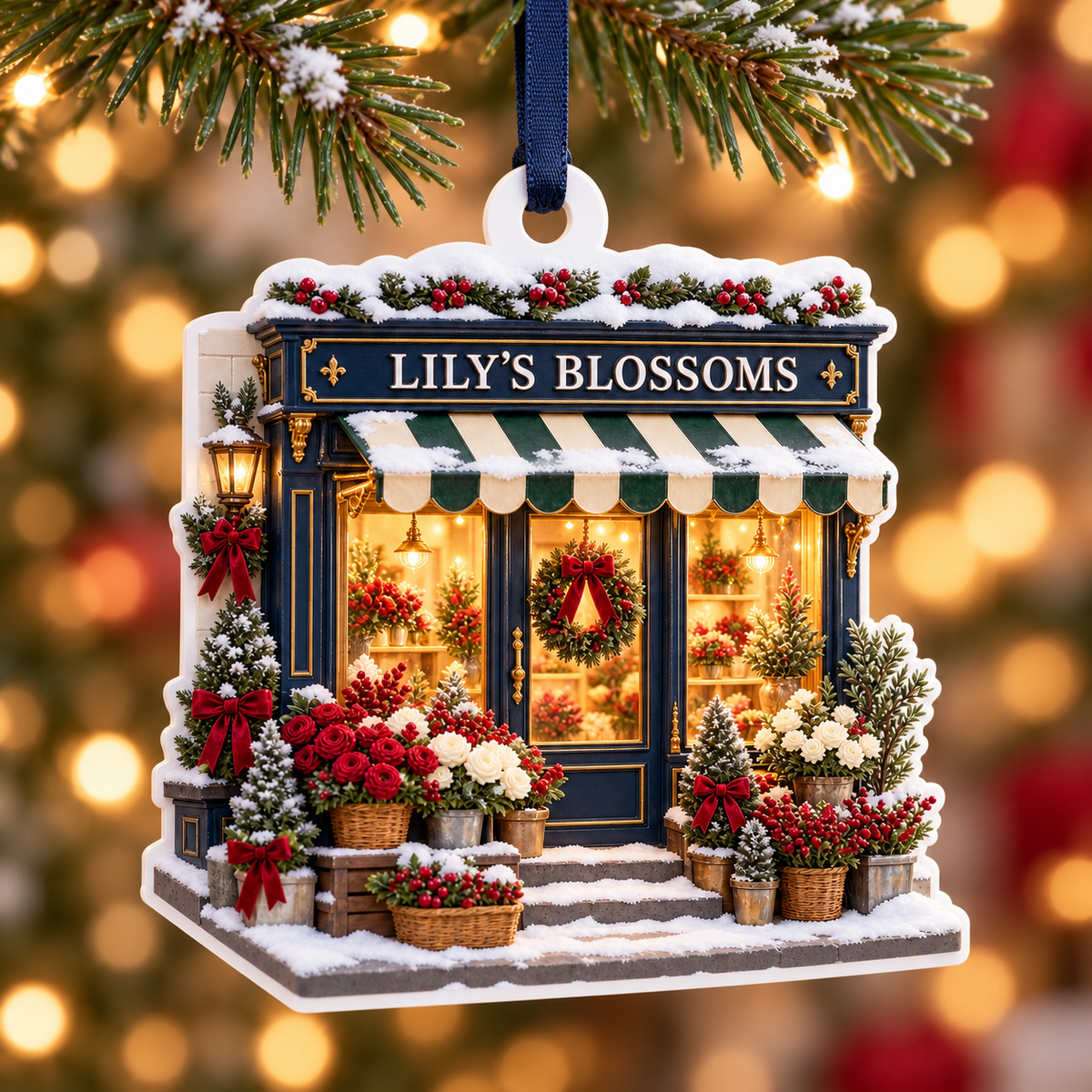 Winter Flower Shop Front Holiday Hanging Keepsake - 3D Relief Ornament