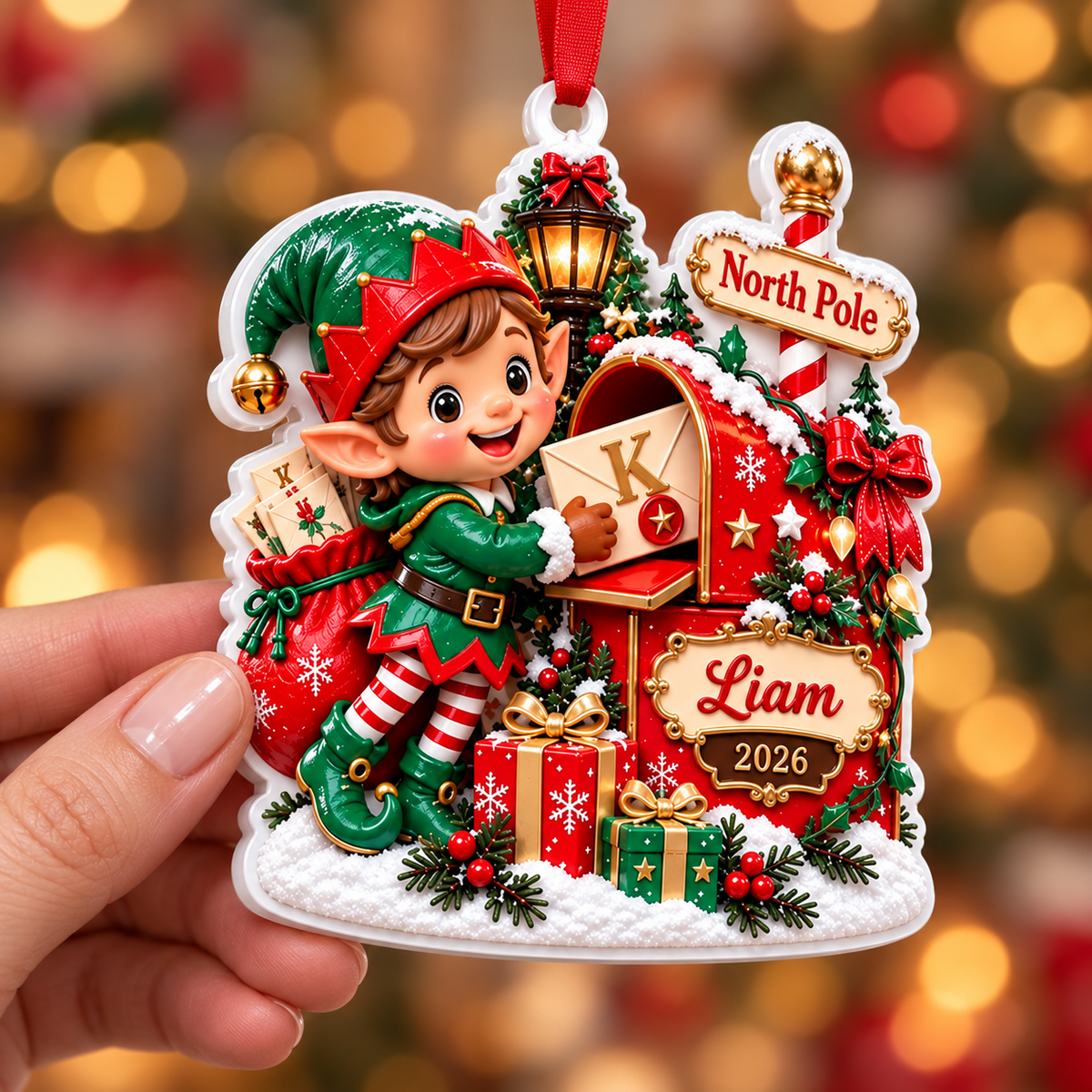 Christmas Elf at North Pole Mailbox Acrylic Holiday Keepsake - 3D Relief Ornament