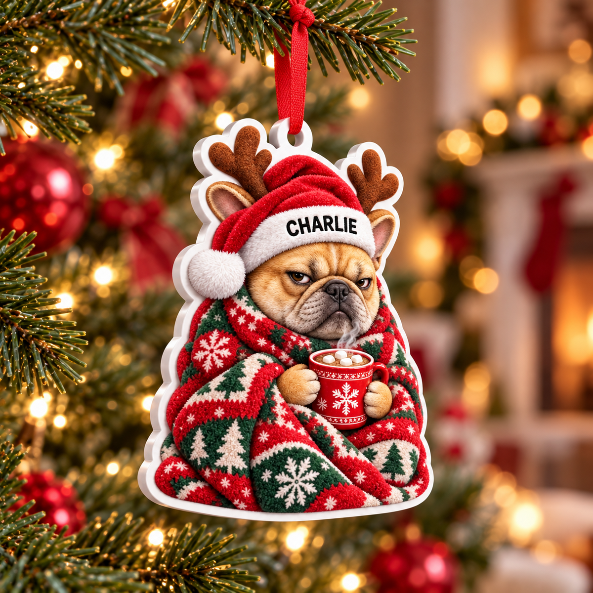 Grumpy French Bulldog in Christmas Blanket Acrylic Holiday Tree Decor - 3D Relief Ornament