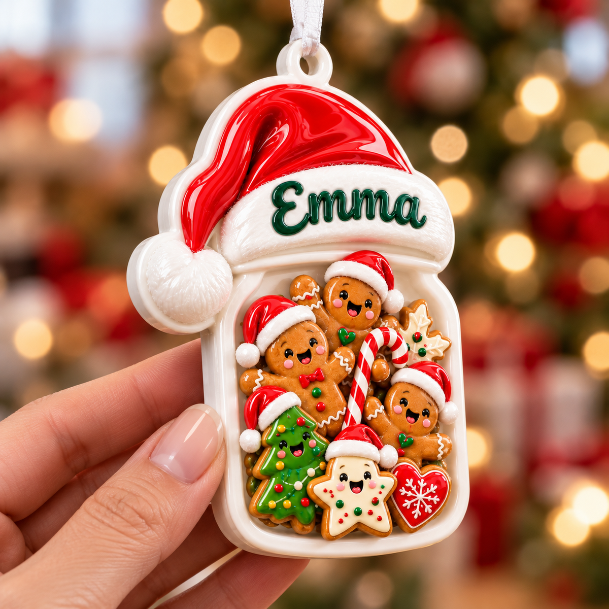 Gingerbread Cookie Jar with Santa Hat Holiday Hanging Keepsake - 3D Relief Ornament