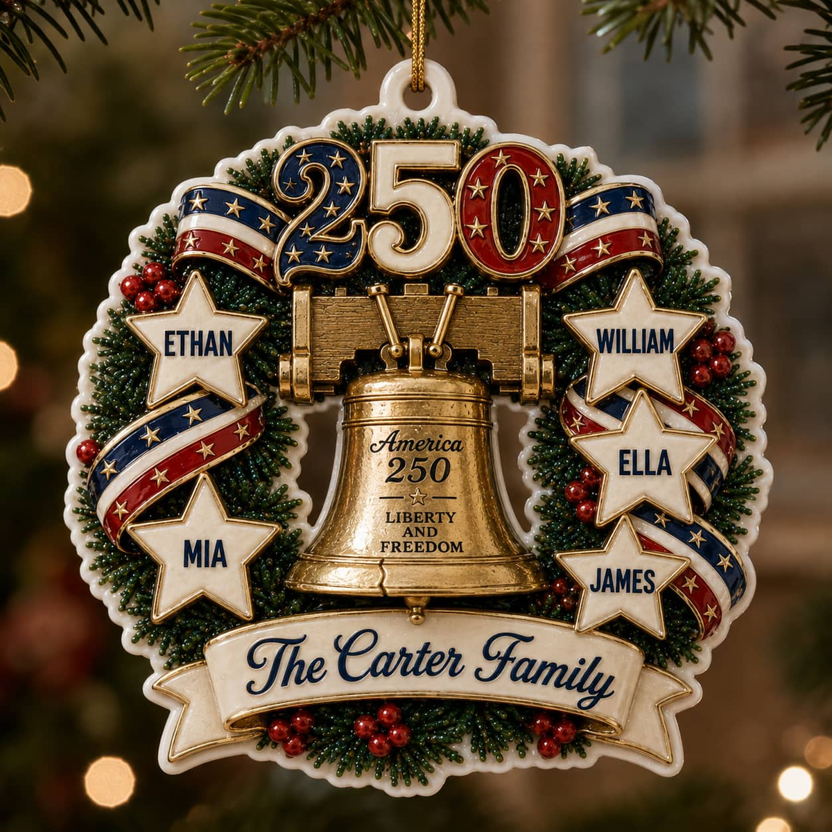 Patriotic Liberty Bell Wreath 250th Anniversary Stars and Ribbon Decor - 3D Relief Ornament