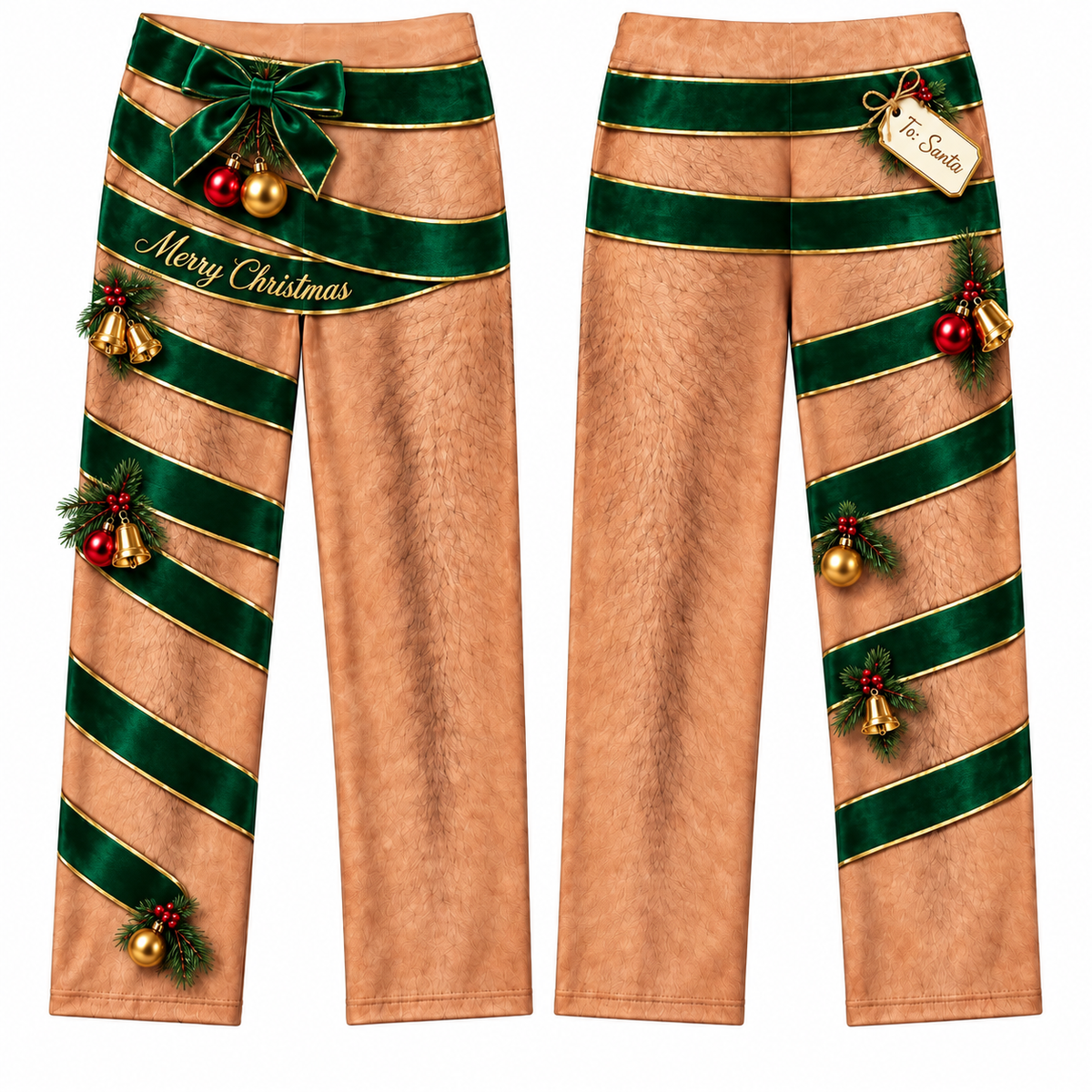 Christmas Pajama Pants Novelty Hairy Leg Ribbon Print Lounge Bottoms