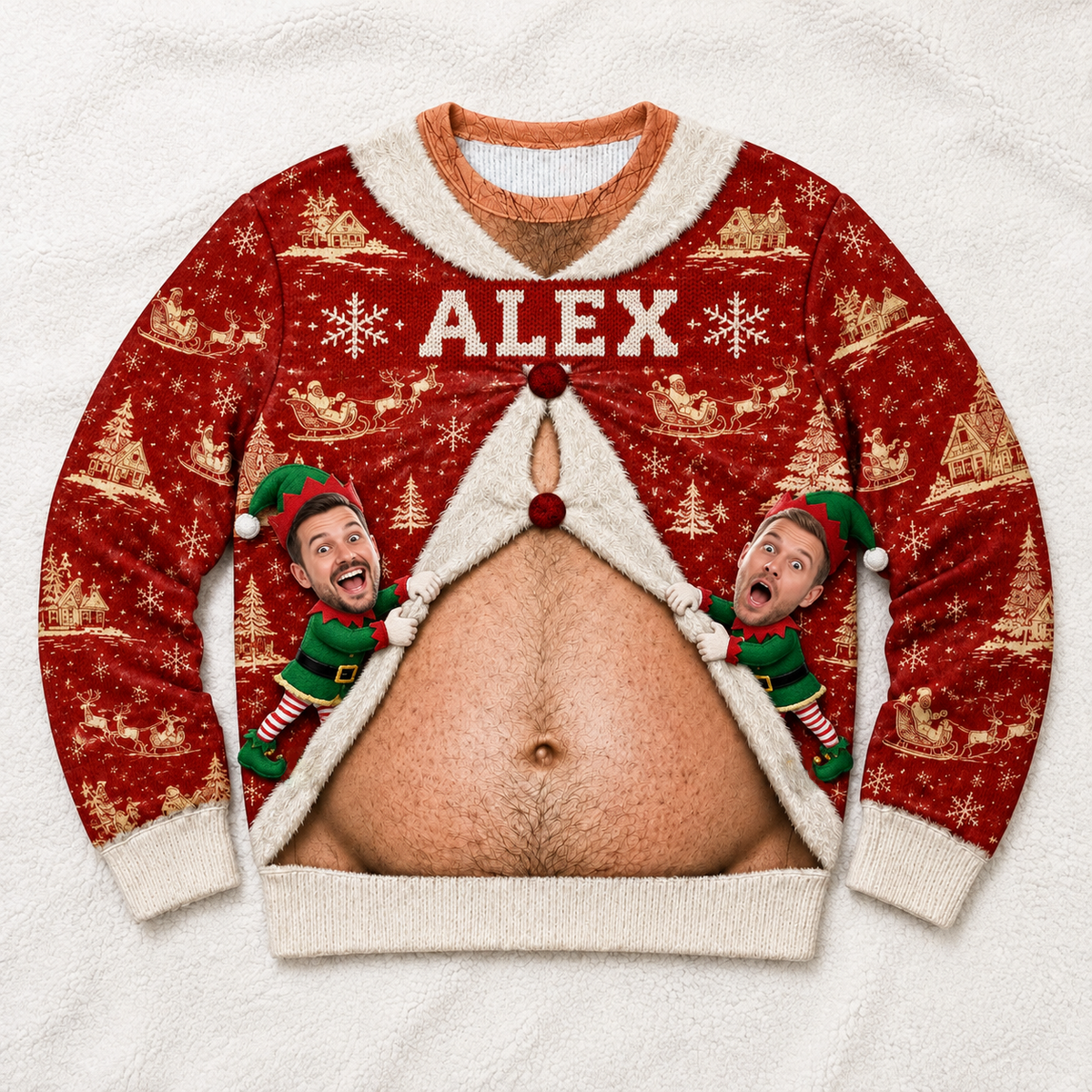 Christmas Sweatshirt with Hairy Belly Illusion Holiday Pullover