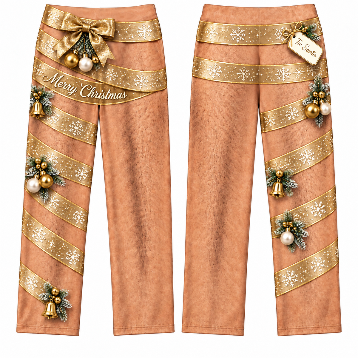Christmas Pajama Pants Novelty Hairy Leg Ribbon Print Lounge Bottoms