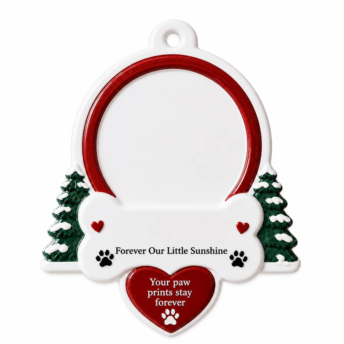 Pet Memorial Holiday Decoration with Pine Trees, Bone, and Red Heart - 3D Relief Ornament