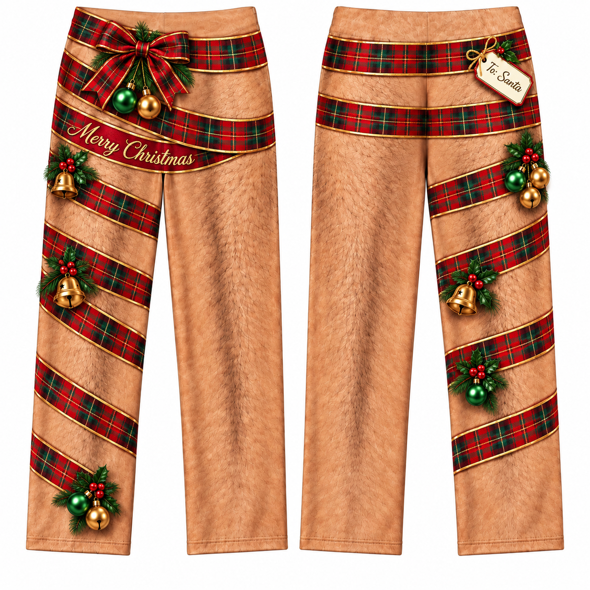 Christmas Pajama Pants Novelty Hairy Leg Ribbon Print Lounge Bottoms