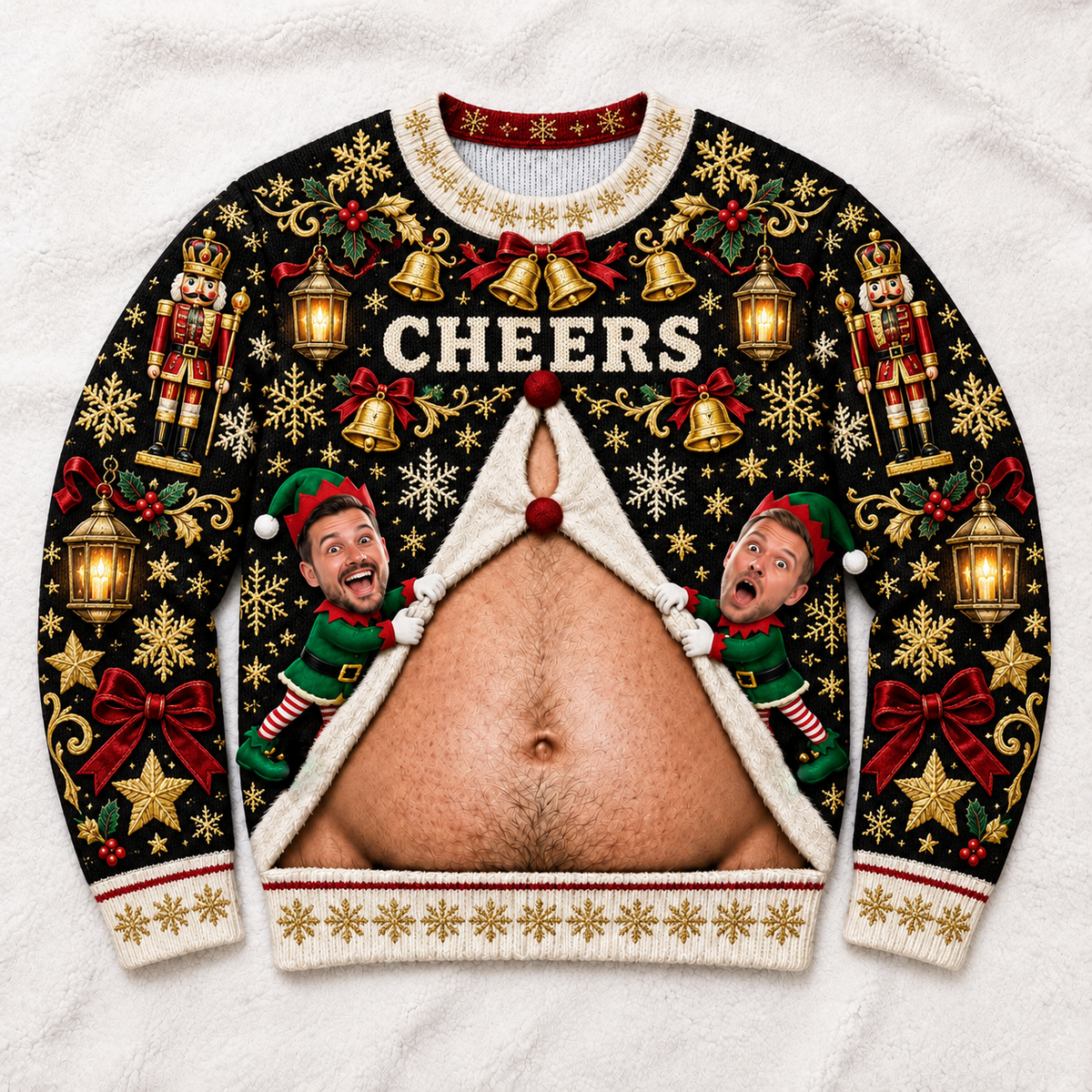 Christmas Sweatshirt with Hairy Belly Illusion Holiday Pullover