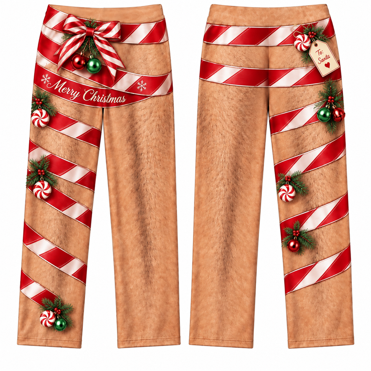 Christmas Pajama Pants Novelty Hairy Leg Ribbon Print Lounge Bottoms