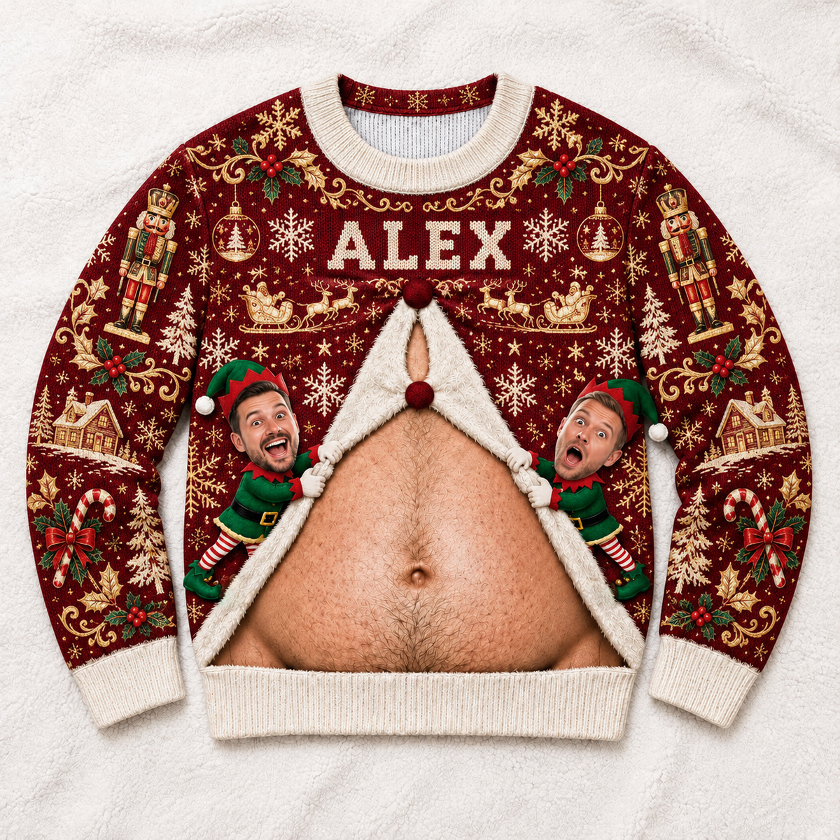 Christmas Sweatshirt with Hairy Belly Illusion Holiday Pullover