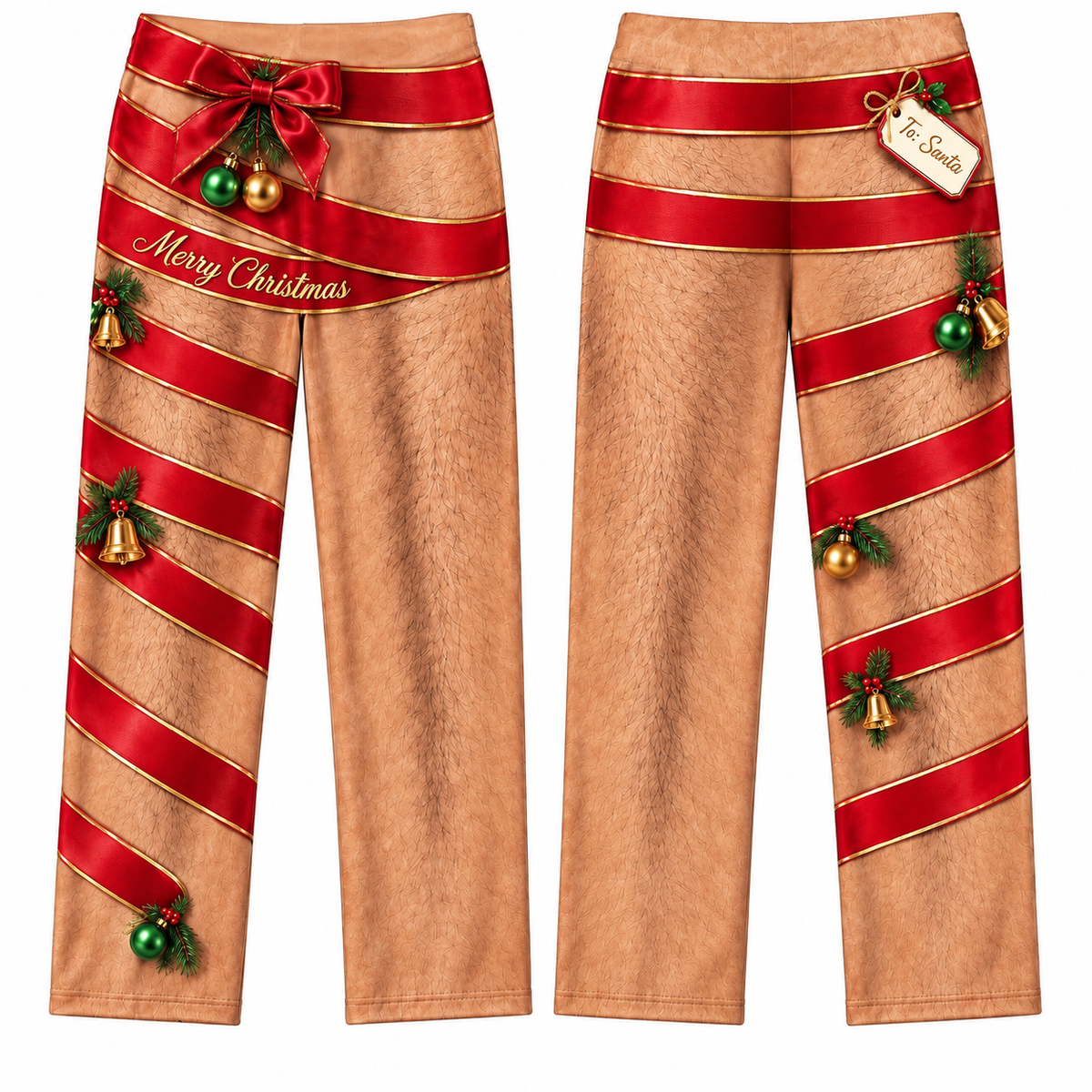 Christmas Pajama Pants Novelty Hairy Leg Ribbon Print Lounge Bottoms