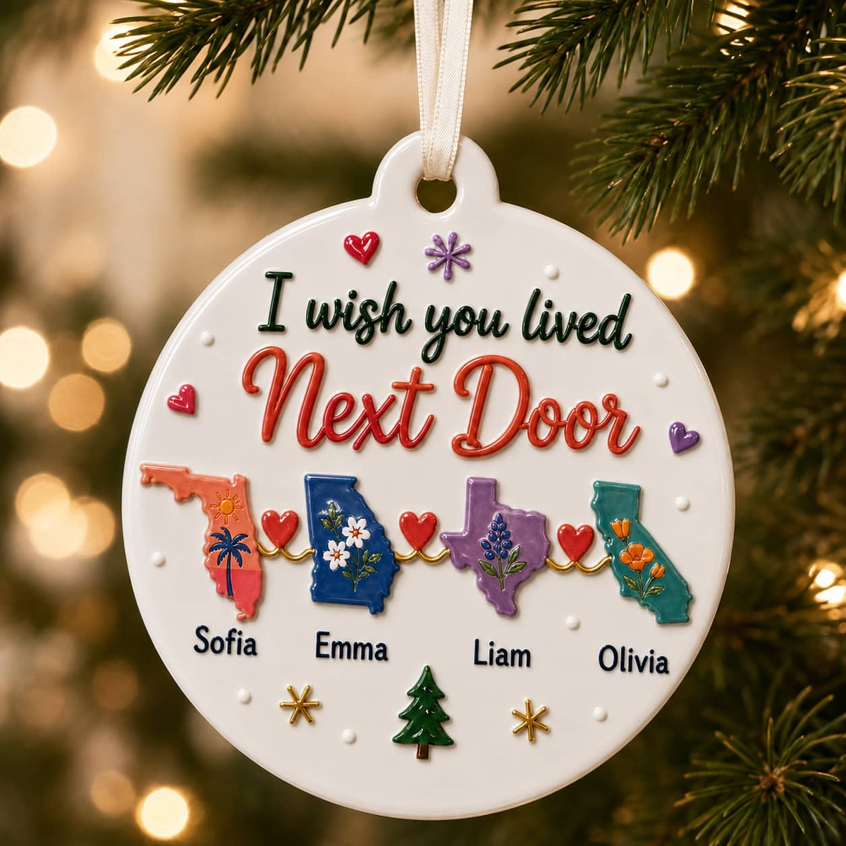 I Wish You Lived Next Door Long Distance State Christmas Keepsake - 3D Relief Ornament