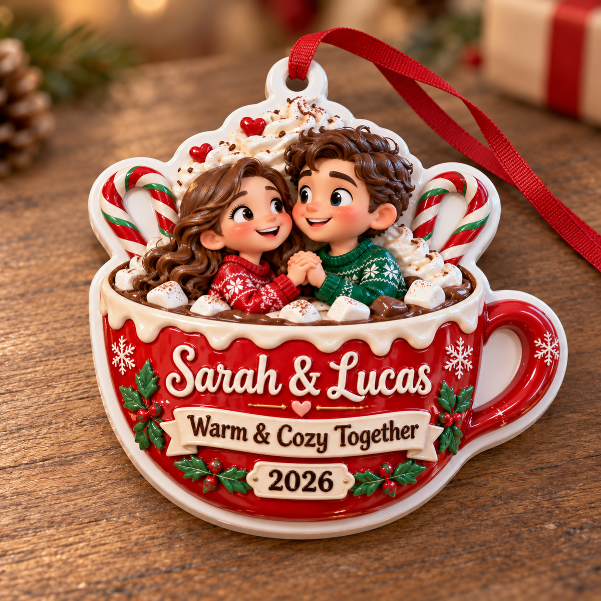 Couple in Hot Cocoa Mug Holiday Tree Hanging Decor - 3D Relief Ornament