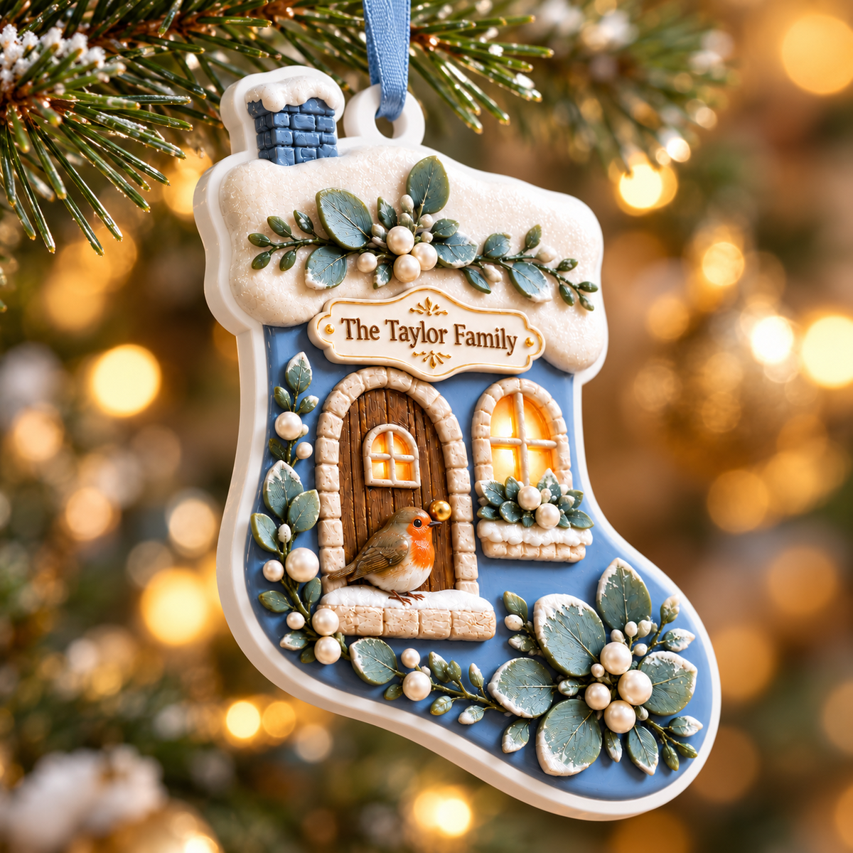 Christmas Stocking Cottage House with Winter Robin Acrylic Holiday Hanging Keepsake - 3D Relief Ornament
