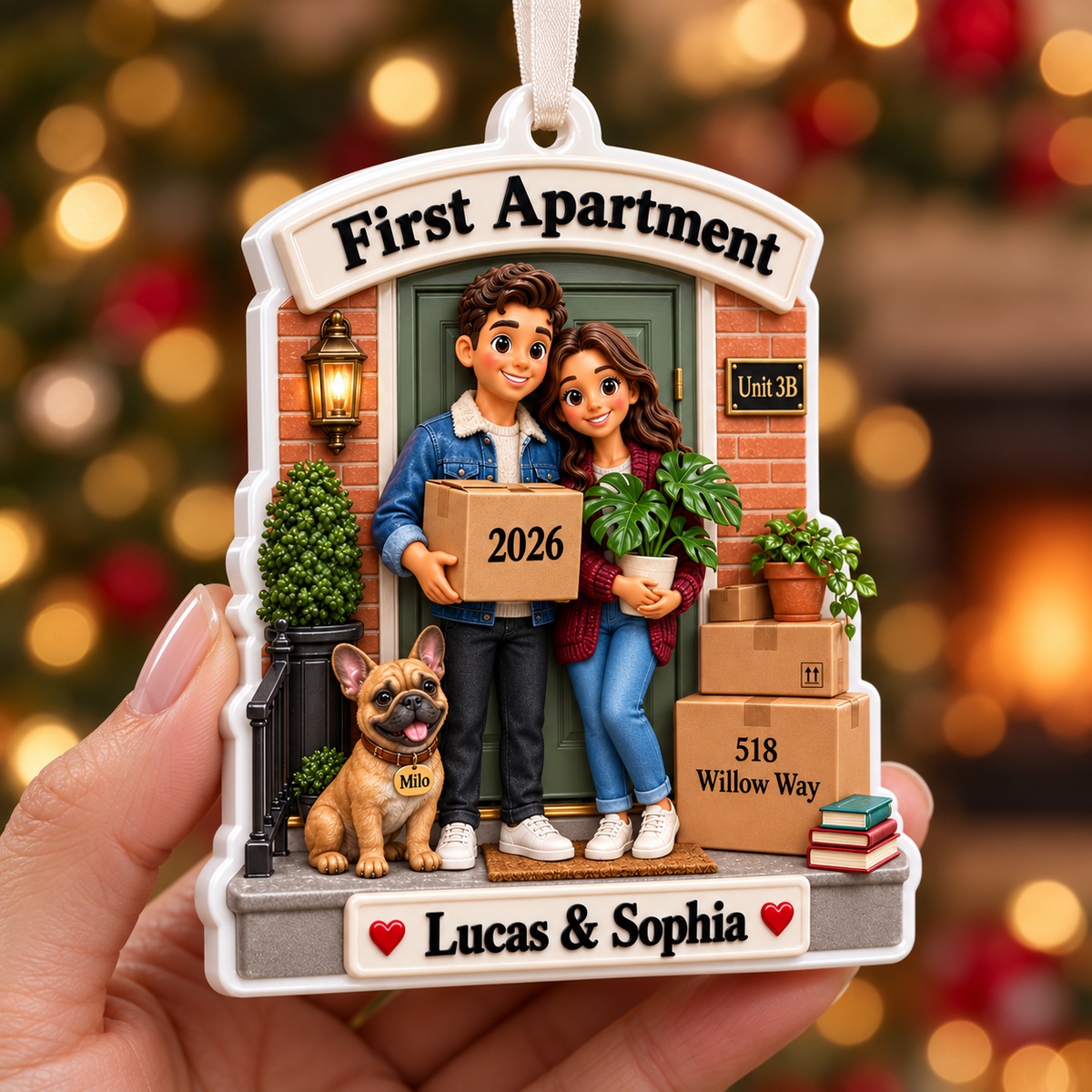 First Apartment Moving Couple with French Bulldog Front Porch Holiday Keepsake - 3D Relief Ornament