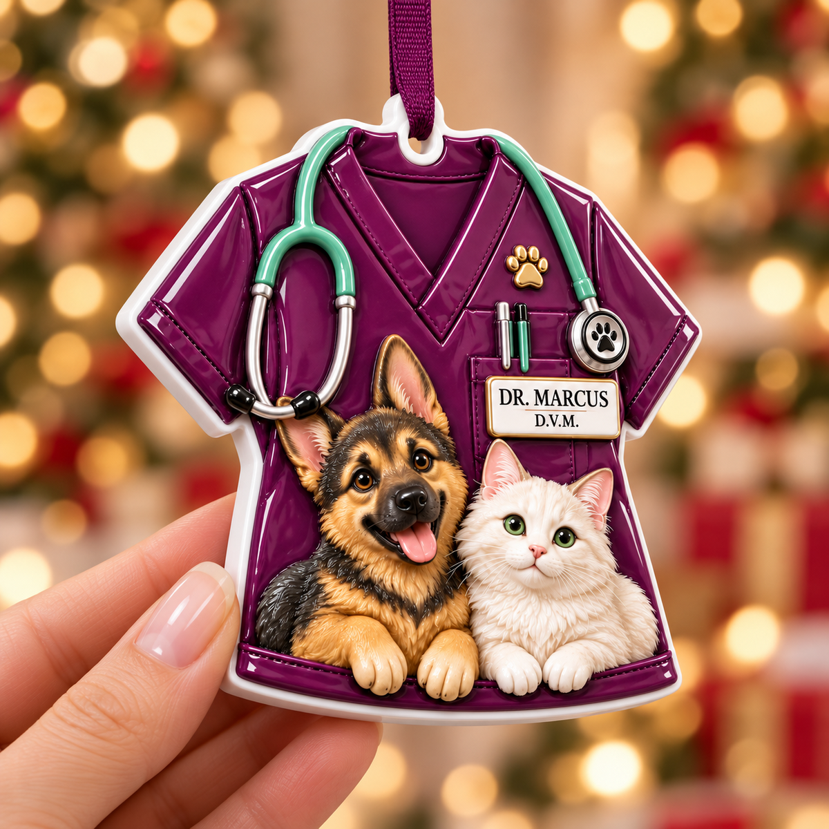 Veterinarian Scrub Uniform with German Shepherd Dog and White Cat - 3D Relief Ornament