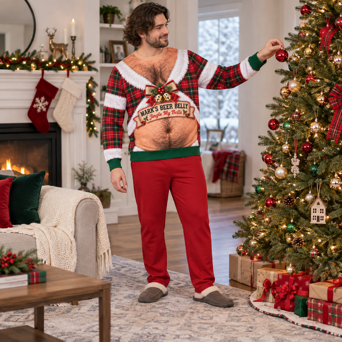 Funny Christmas Sweatshirt Hairy Chest Beer Belly Plaid Pullover