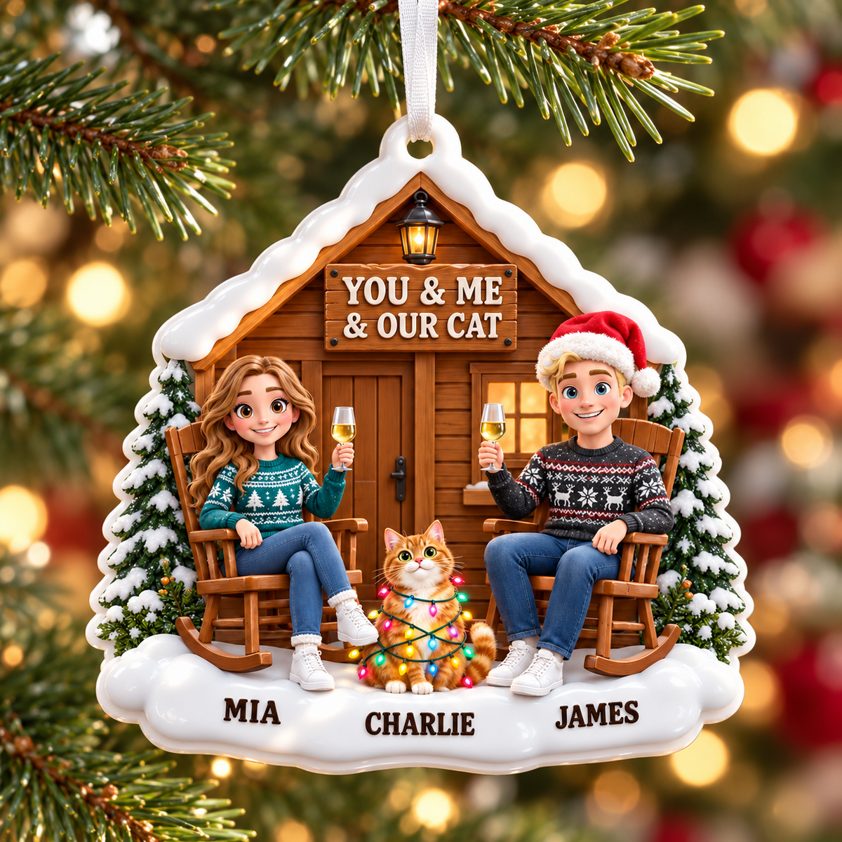 Couple and Cat Winter Log Cabin Porch Holiday Tree Hanging Keepsake - 3D Relief Ornament