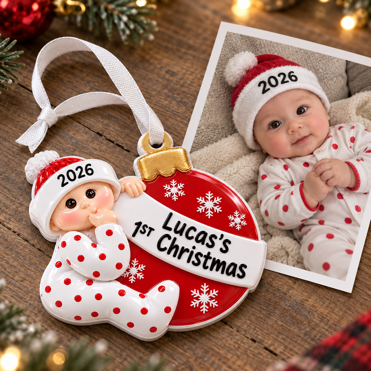 Baby First Christmas Bauble Red and White Polyresin Hanging Keepsake - 3D Relief Ornament