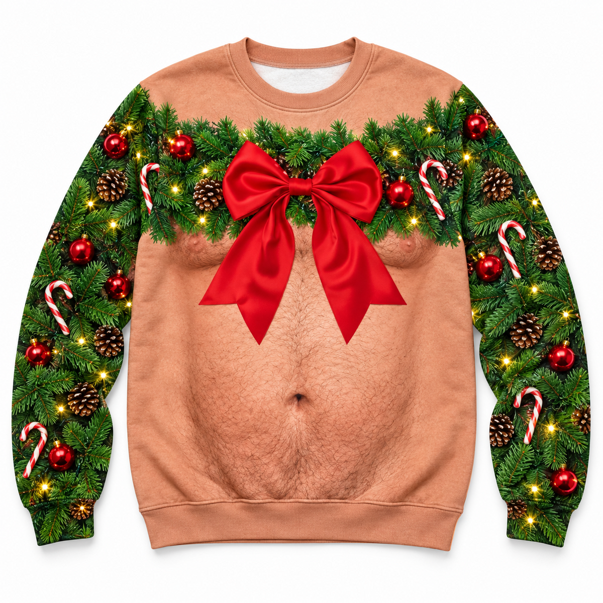 Christmas Sweatshirt Funny Bare Torso Garland Bow Holiday Pullover