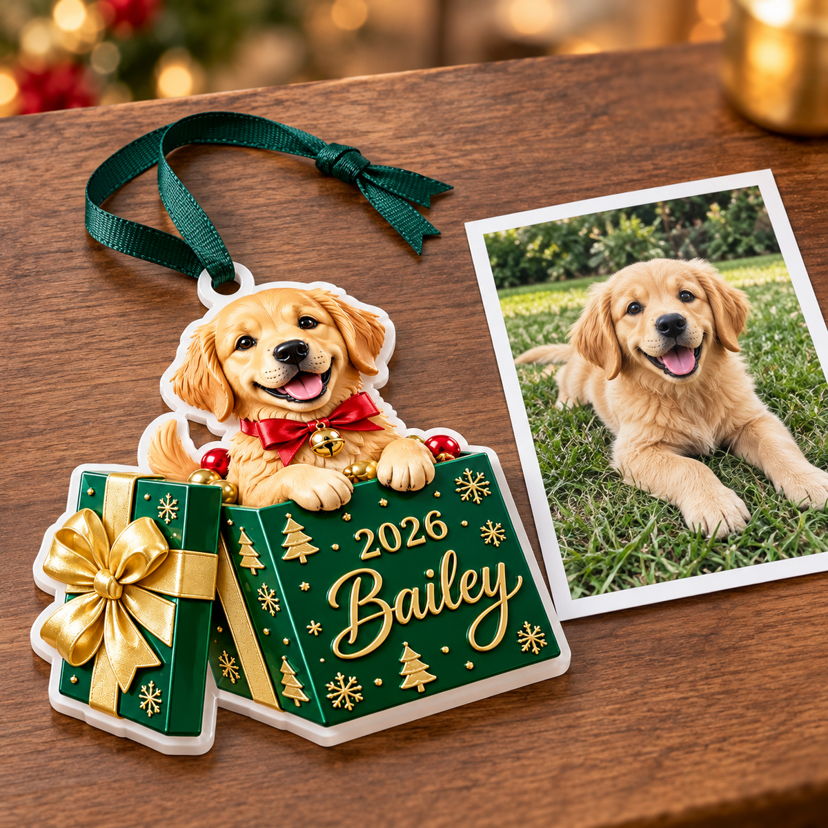 Golden Retriever Puppy in Christmas Gift Box Acrylic Tree Pendant - 3D Relief Ornament