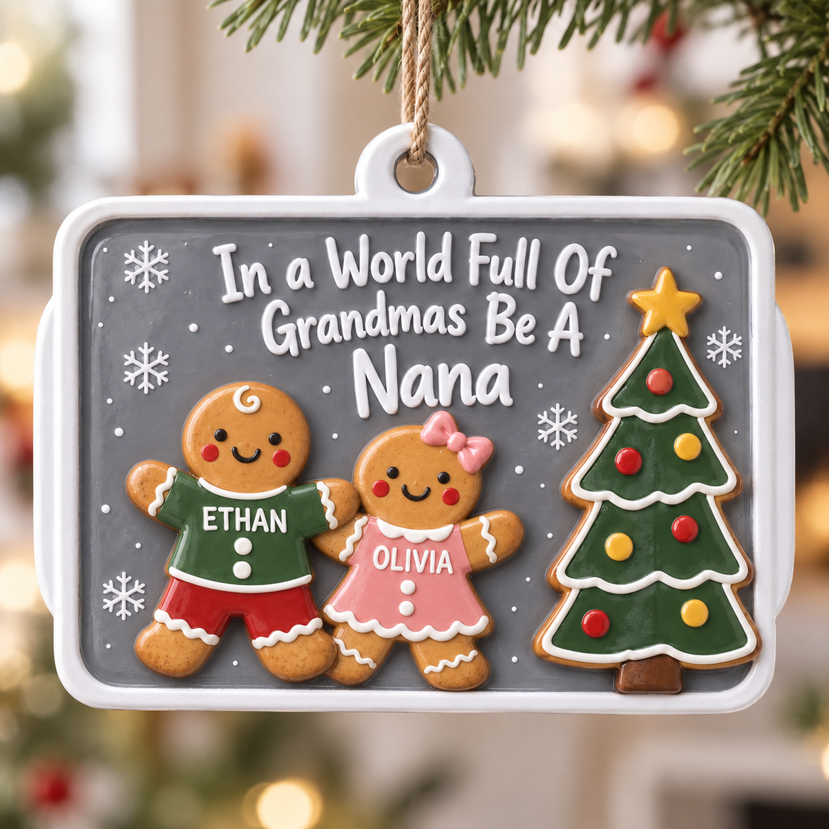 Nana Gingerbread Family Christmas Plaque, Rectangular Hanging Holiday Tree Decor - 3D Relief Ornament