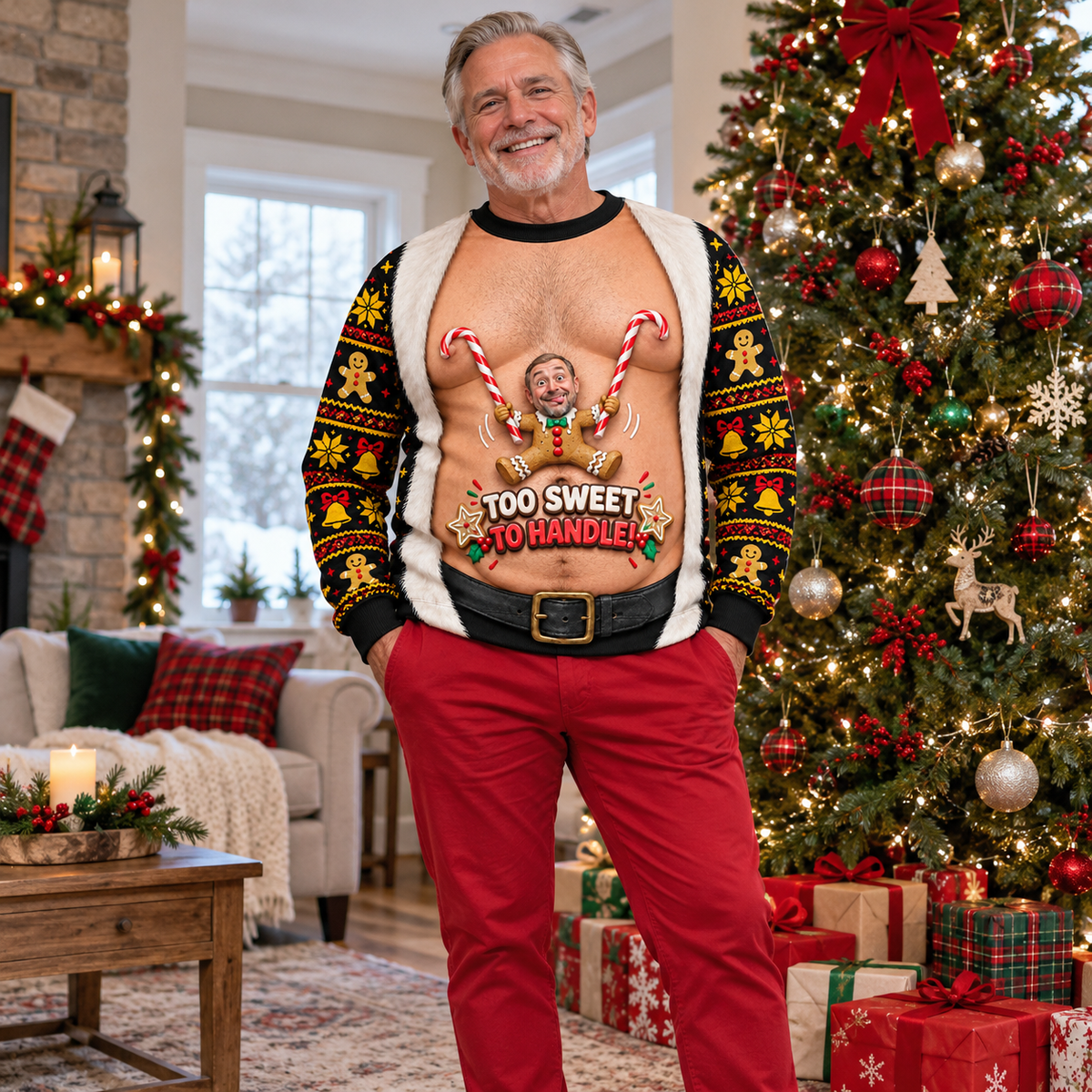 Funny Christmas Sweatshirt Faux Hairy Chest Holiday Graphic Crewneck