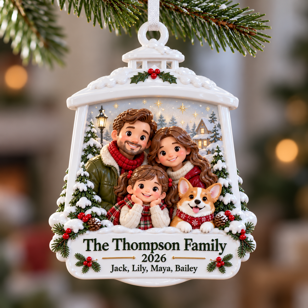 Winter Lantern Family and Dog Hanging Holiday Keepsake - 3D Relief Ornament