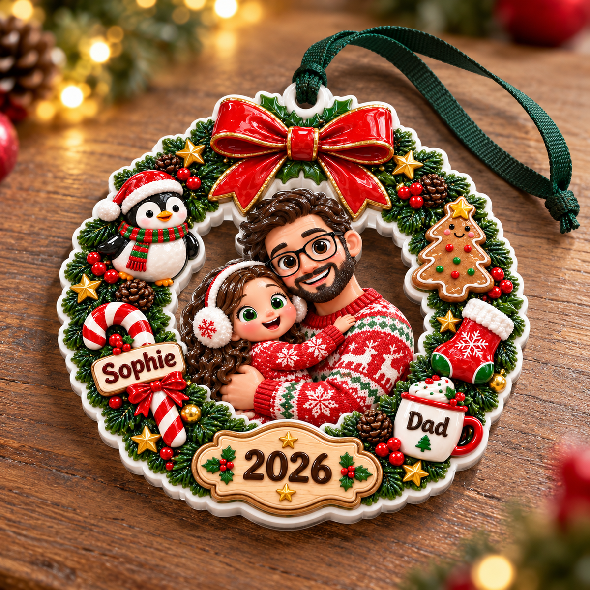 Father and Daughter Christmas Wreath Holiday Keepsake - 3D Relief Ornament