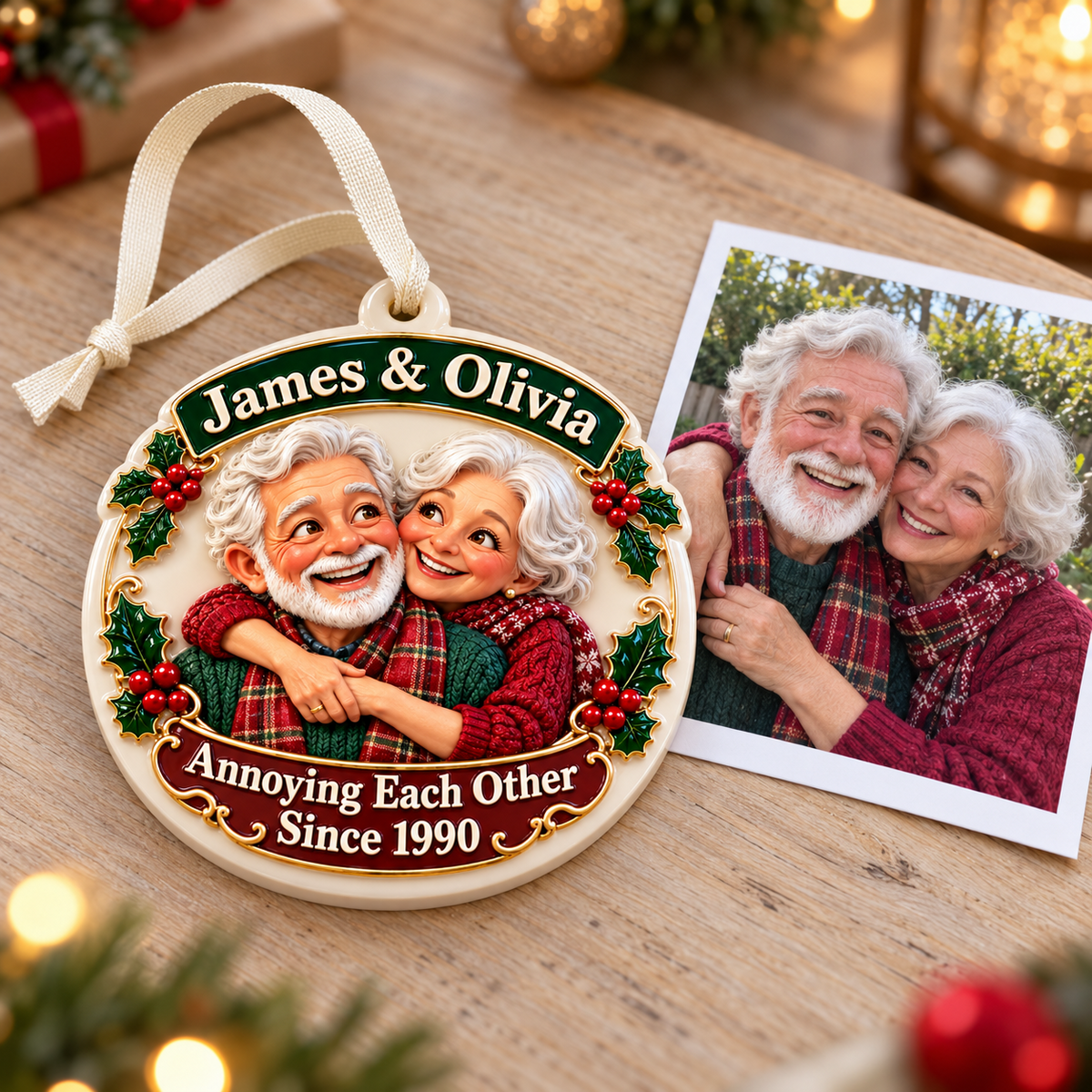 Elderly Couple Annoying Each Other Round Ceramic Holiday Keepsake - 3D Relief Ornament