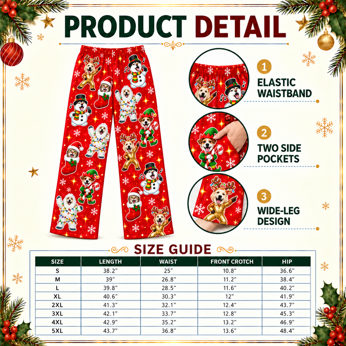 Christmas Pajama Pants Dog Pattern Holiday Loungewear Trousers