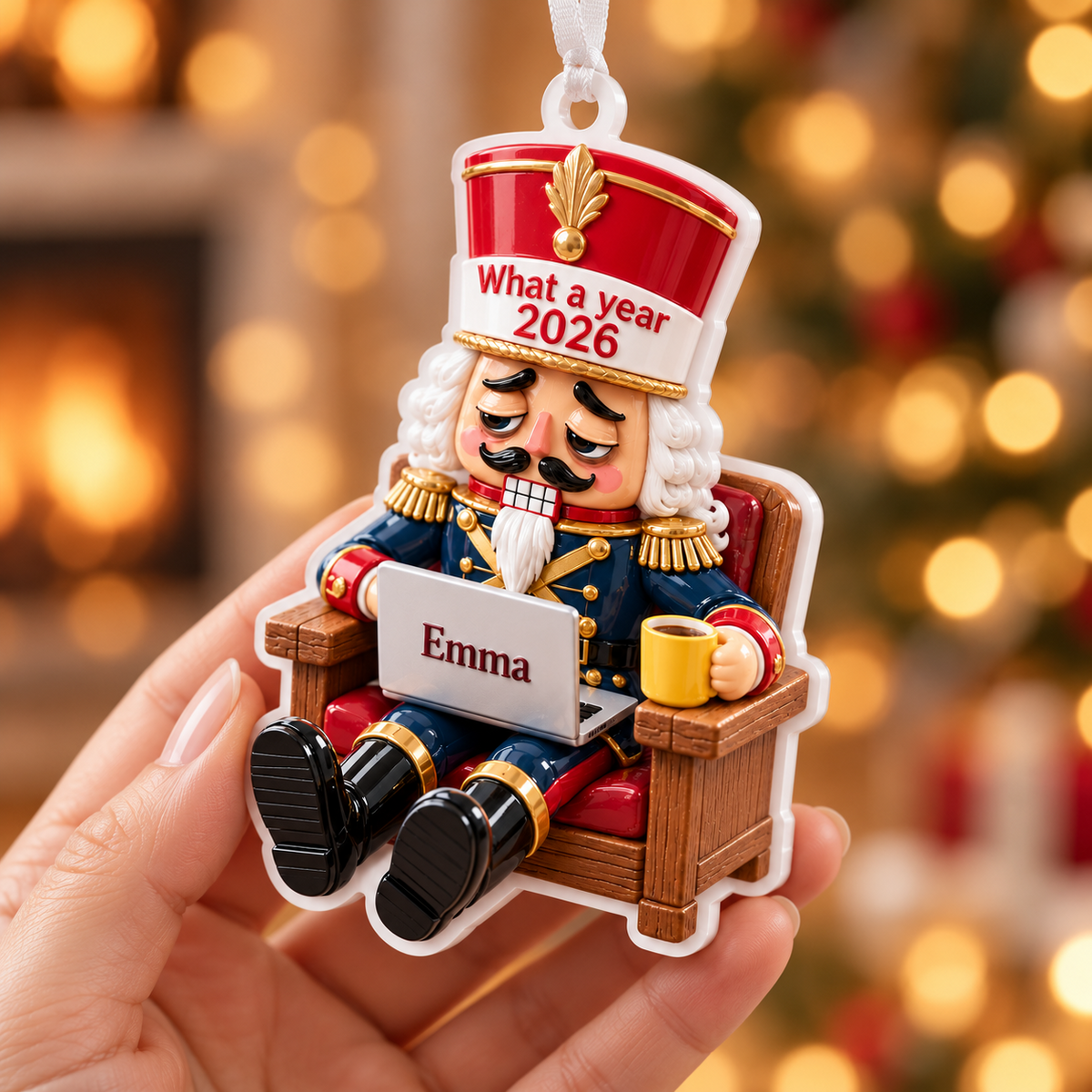 Tired Nutcracker Working from Home in Armchair Acrylic Christmas Tree Hanging Decor - 3D Relief Ornament