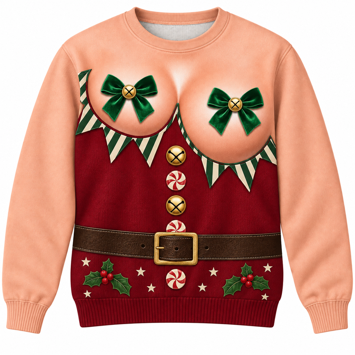 Funny Cleavage Ugly Christmas Sweatshirt, Faux Chest Holiday Top