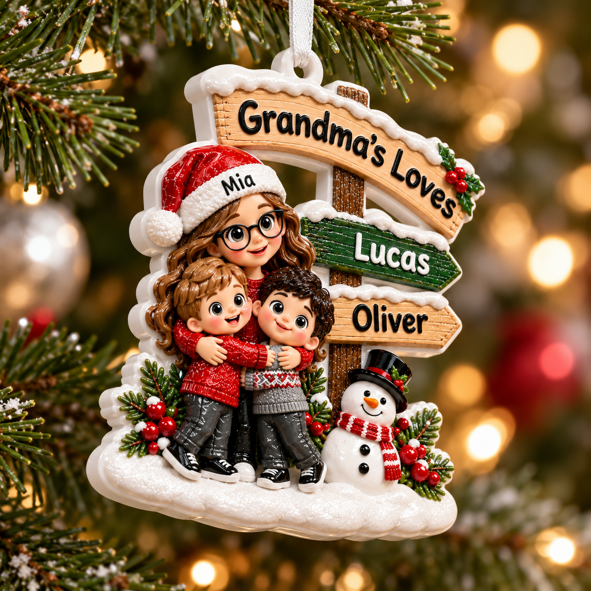 Grandma And Grandkids Directional Sign Winter Holiday Family Keepsake - 3D Relief Ornament