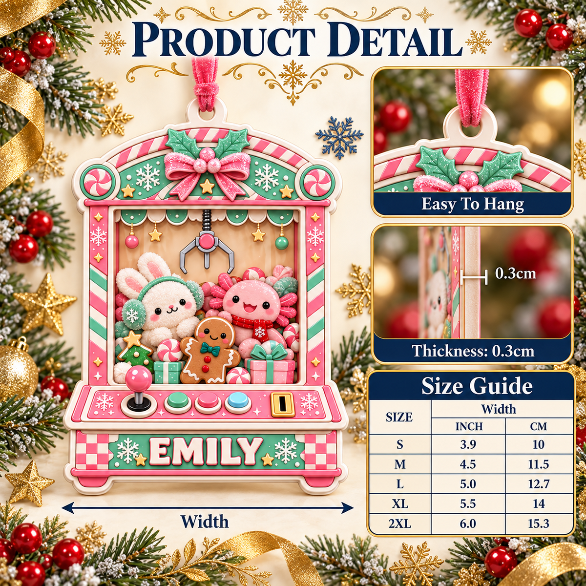 Pink Claw Machine Holiday Arcade Game with Plush Bunny and Axolotl - 3D Relief Ornament