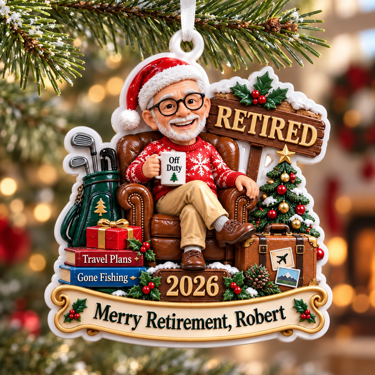 Retirement Christmas Holiday Tree Keepsake with Armchair and Golf Bag - 3D Relief Ornament