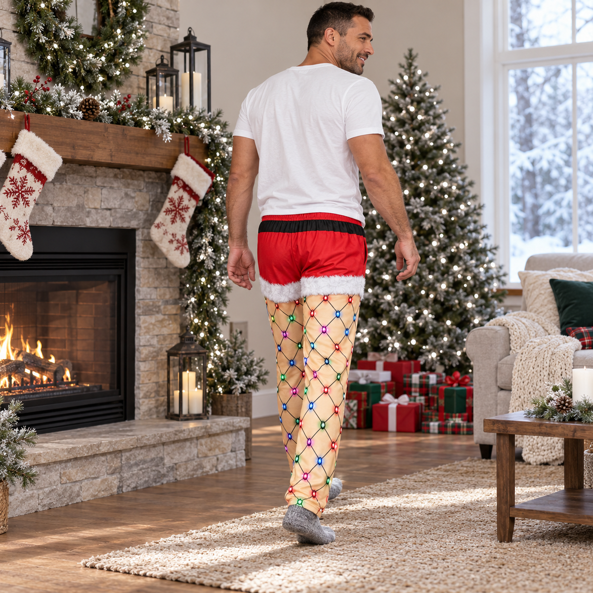 Funny Christmas Pajama Pants String Lights Print Lounge Bottoms