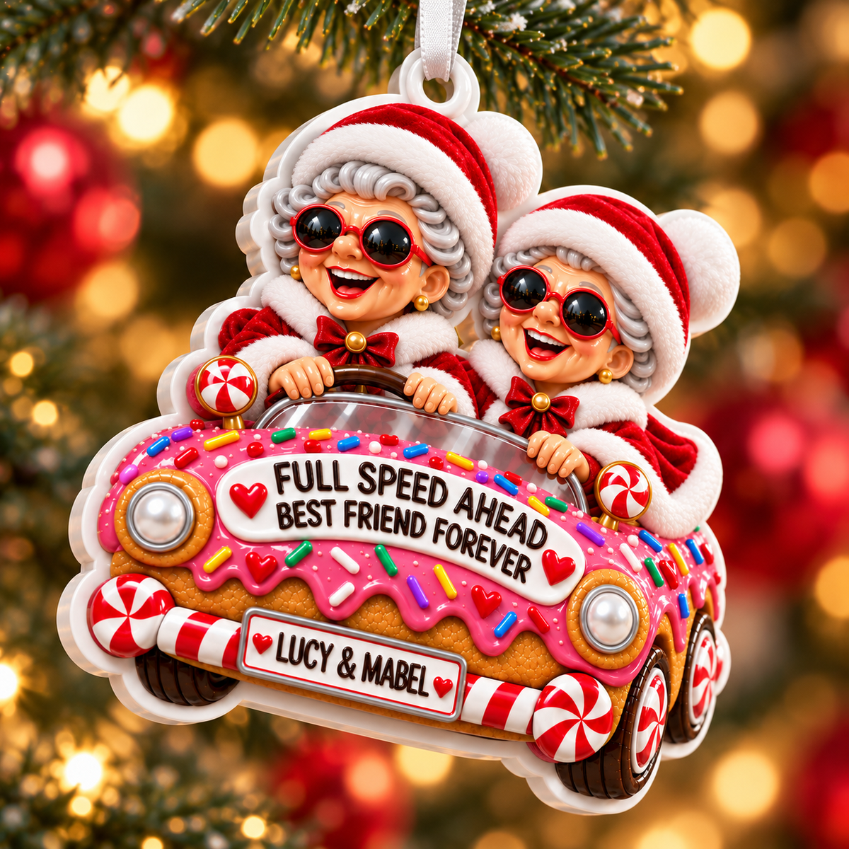 Old Ladies In Gingerbread Car Christmas Tree Hanging Decor - 3D Relief Ornament