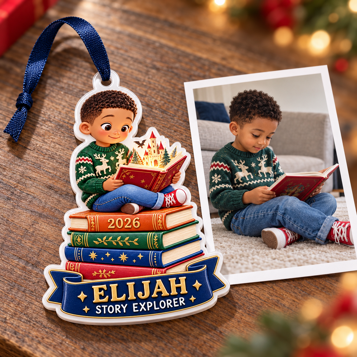 Boy Reading on Stack of Books Acrylic Holiday Keepsake - 3D Relief Ornament