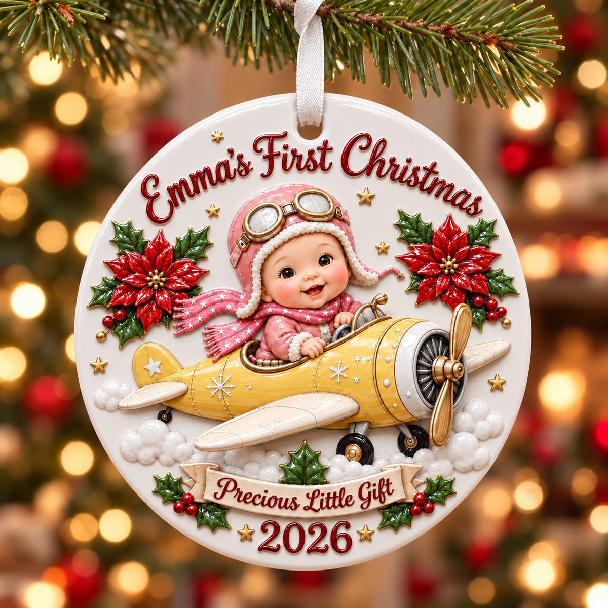 Baby Pilot in Yellow Airplane Holiday Keepsake Disc - 3D Relief Ornament