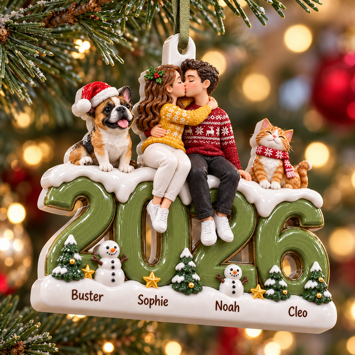Couple with Dog and Cat on 2026 Date Resin Holiday Tree Decor - 3D Relief Ornament