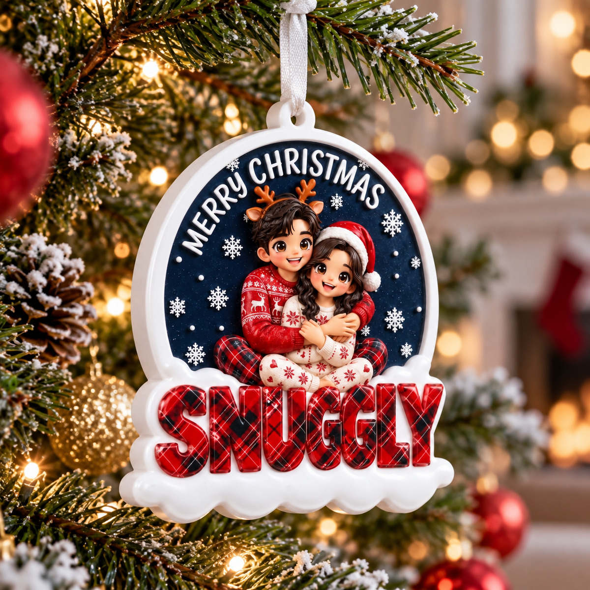 Merry Christmas Couple Hugging in Winter Pajamas Hanging Keepsake - 3D Relief Ornament