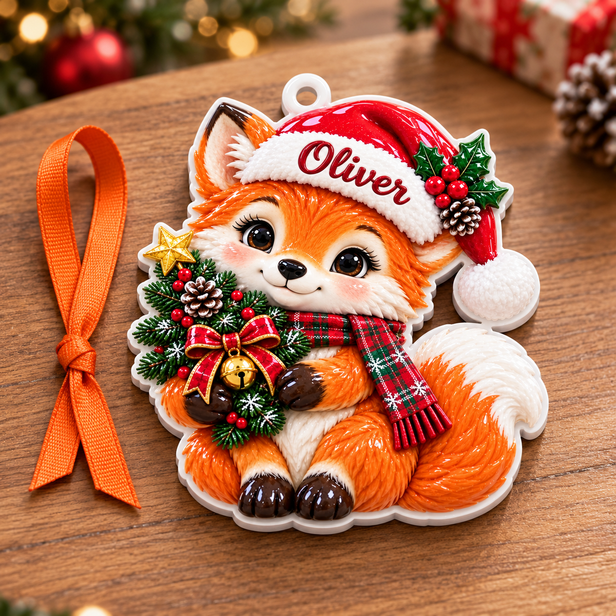 Christmas Woodland Fox with Santa Hat and Pine Tree Hanging Keepsake - 3D Relief Ornament