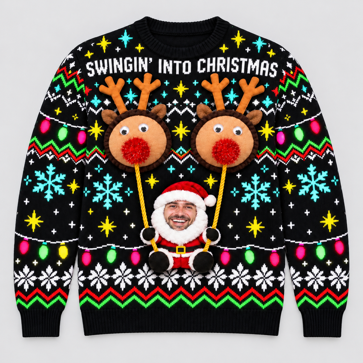 Ugly Christmas Sweater Swingin Reindeer Santa Long Sleeve Knit Top