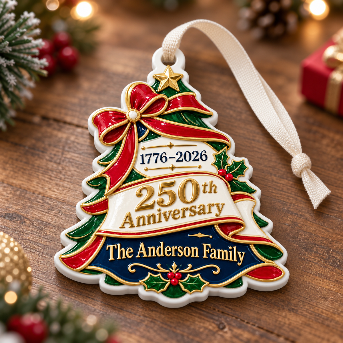America 250th Anniversary 1776-2026 Christmas Tree Holiday Keepsake - 3D Relief Ornament