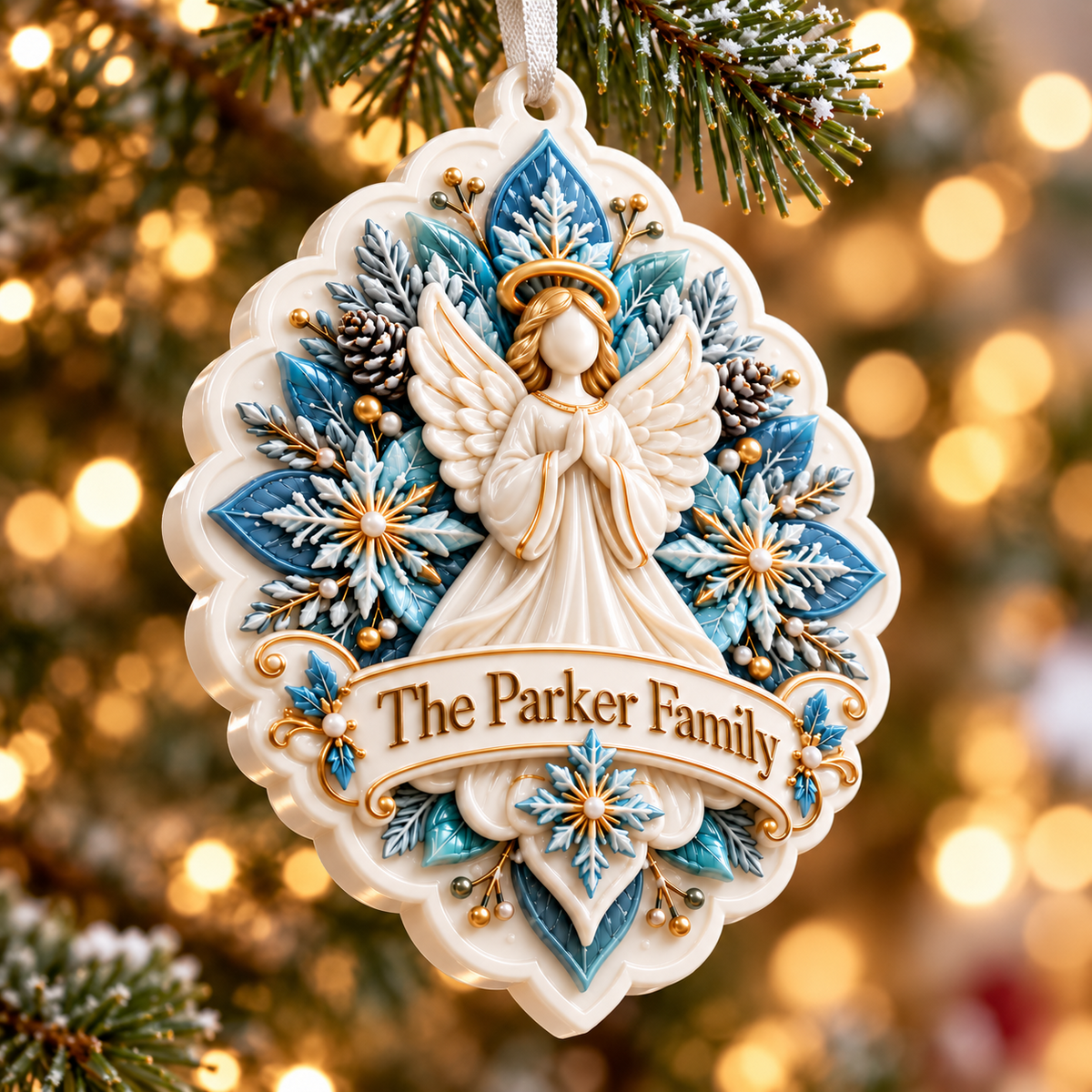 Praying Christmas Angel with Snowflake Medallion Frame - 3D Relief Ornament
